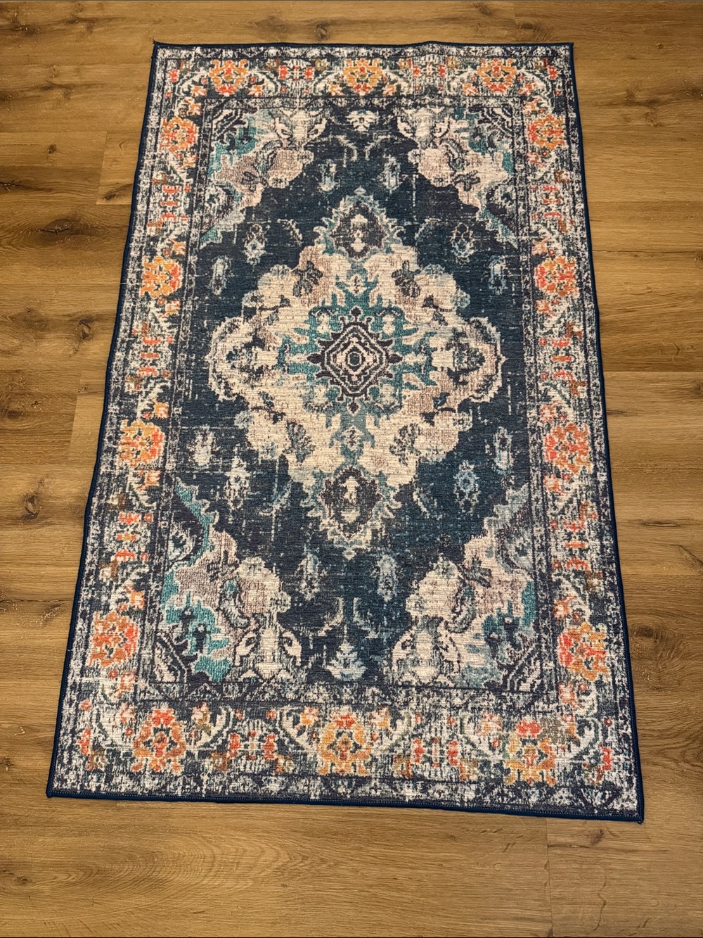 Washable, Vintage-Style Navy Medallion Area Rug w/Teal/Orange Accents (35”x 58”)